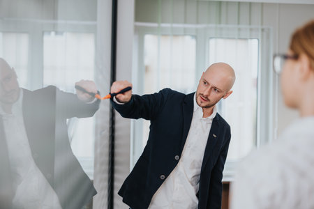 Professional presentation by a businessperson writing on a whiteboard during a collaborative meetingの写真素材
