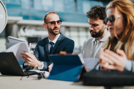 Business professionals collaborating outdoors during a sunny day meeting discussionの写真素材