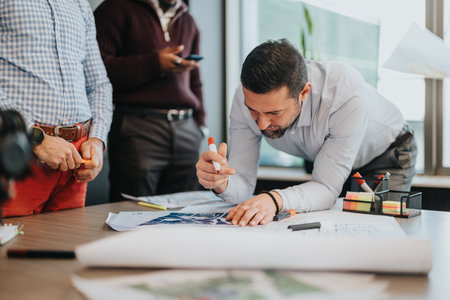 Group of business professionals collaborating on a project in a modern office spaceの写真素材