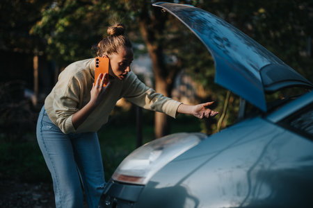 Woman checks car engine while making a phone call for assistanceの写真素材