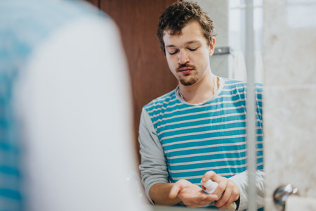 Young man using hand lotion in a bathroom while standing in front of a mirrorの写真素材