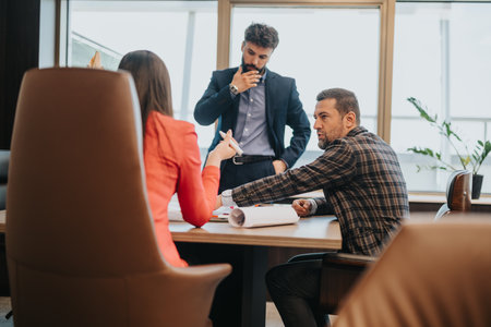 Colleagues engaged in a business meeting discussing project details in a modern office settingの写真素材
