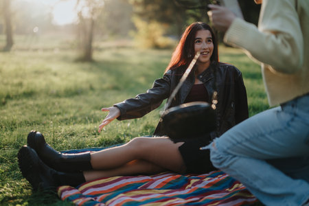 Smiling friends enjoying a joyful picnic in a sunny meadowの写真素材
