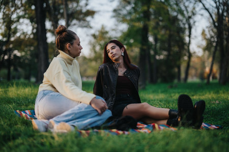 Two friends sharing a moment on a picnic in a scenic park settingの写真素材