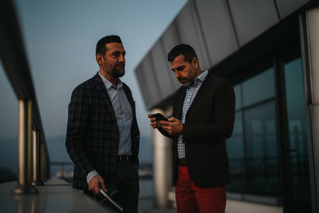 Two business professionals discussing work on a modern outdoor balcony at sunset.の写真素材