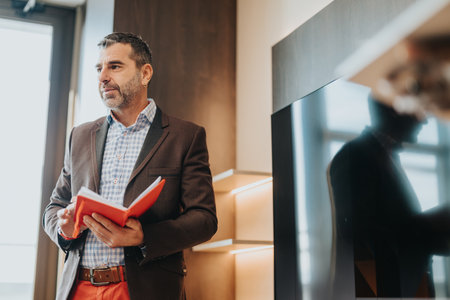 Professional businessman at a modern office standing with a notebookの写真素材