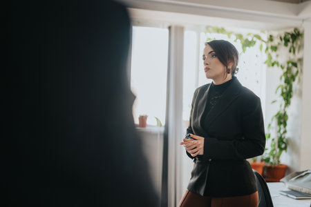 Professional woman in a business setting with confident and focused demeanor