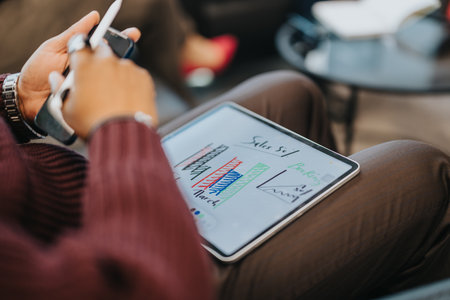 Close-up view of businessperson analyzing a digital chart on a tablet during a meetingの写真素材