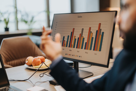 Professional discussion in office focusing on sales growth analysis with graphs on a monitorの写真素材