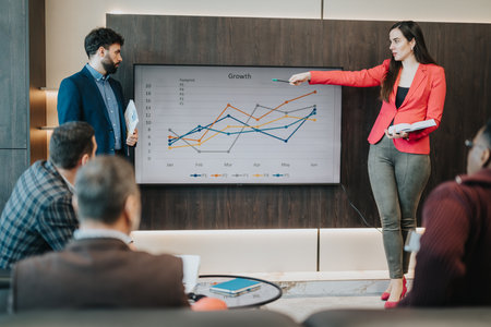 Colleagues Discussing Presentation of Growth Data During a Business Meetingの写真素材