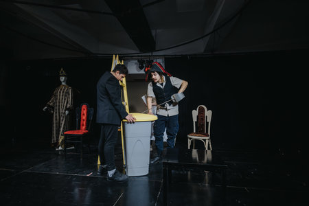 Theatrical performance depicting young actors in early drama with stage props