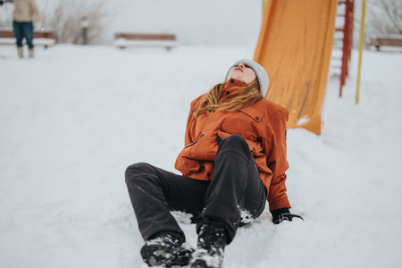 Woman Enjoying Outdoor Fun During Winter on a Snowy Playgroundの写真素材