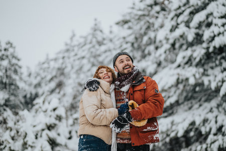 Couple embracing joyfully in a snowy forest enjoying the winter scenery and weatherの写真素材