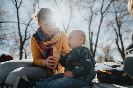 A tender moment featuring a mother sharing an ice cream with her toddler outdoors on a sunny dayの写真素材