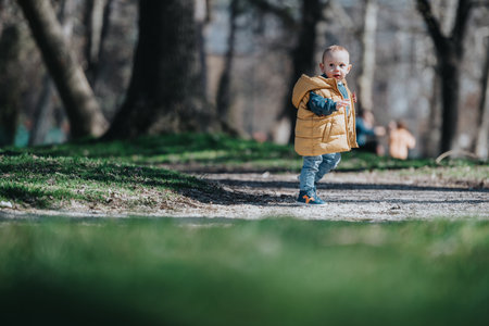 A young child exploring an outdoor park pathway during a sunny day with trees and grass surrounding the areaの写真素材