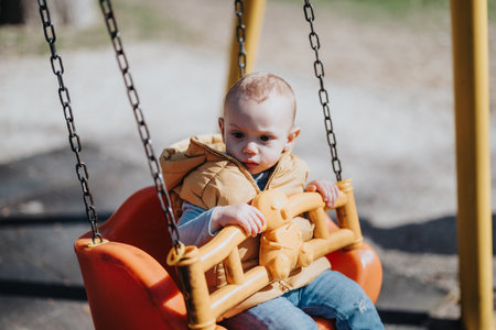 Young child enjoying a playful moment on a swing outdoors in a bright parkの写真素材