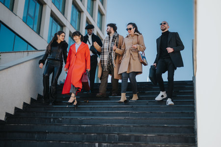 Group of six international professionals walking together down city stepsの写真素材