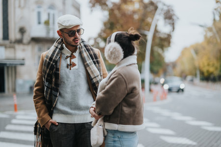 Young couple enjoying a casual outdoor conversation in autumn attireの写真素材