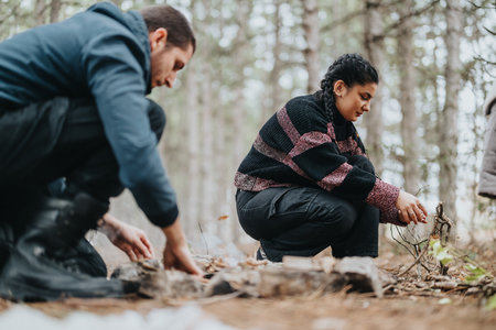 Two Friends Preparing a Campfire in a Forest During a Cozy Outdoor Adventure