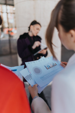 Professional women reviewing statistical charts and data during an outdoor business collaboration.の写真素材