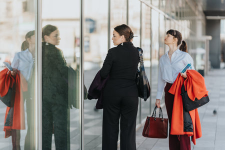 Two professional women collaborating and discussing while standing outside an office buildingの写真素材