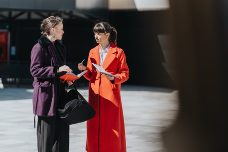 Two businesswomen standing outdoors, engaged in a conversation while holding documents.の写真素材