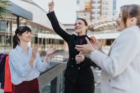 Group of Female Entrepreneurs Celebrating Success in an Urban Settingの写真素材