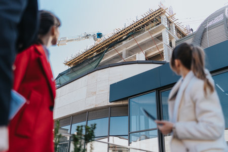Two female entrepreneurs analyzing a construction project site