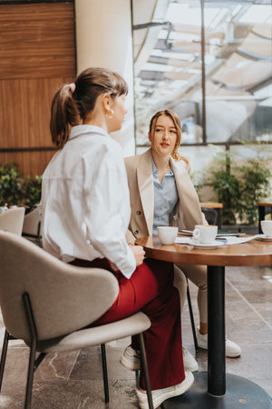 Two businesswomen discussing plans over coffee at a modern outdoor cafeの写真素材