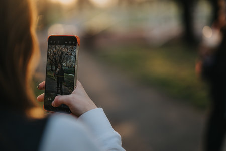 Young woman capturing a photograph of her friend outdoors on a smart phone during a sunny day