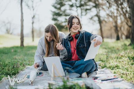 Two friends enjoying a painting session outdoors in a sunny park settingの写真素材