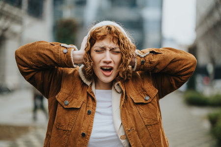 Frustrated woman covering her ears in an urban environment.