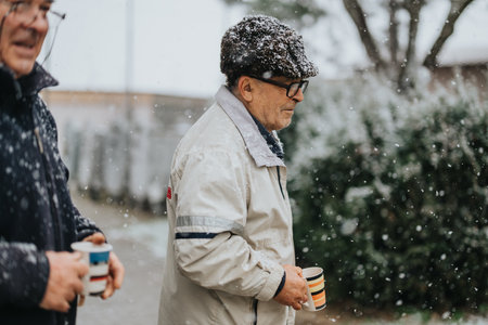 Elderly friends sharing warm beverages outdoors during snowfall in a winter setting