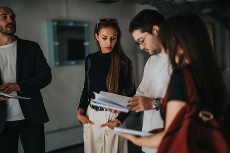 Young professionals discussing project ideas in modern office settingの写真素材