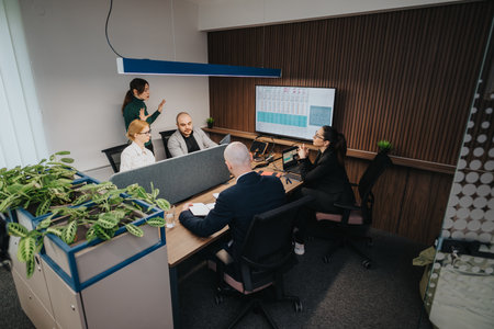 Business associates engaged in a collaborative meeting session in a modern office