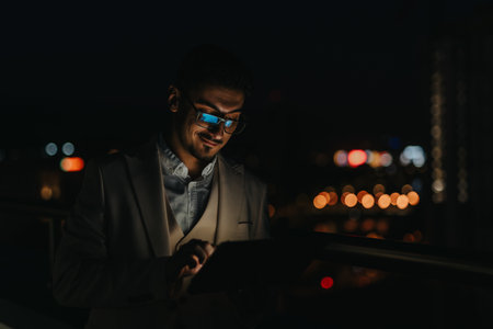 Business professional working on tablet at night in a city settingの写真素材
