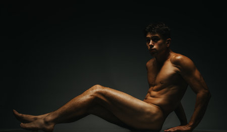 Portrait of a Fit Male Model in a Thoughtful Artistic Poseの写真素材