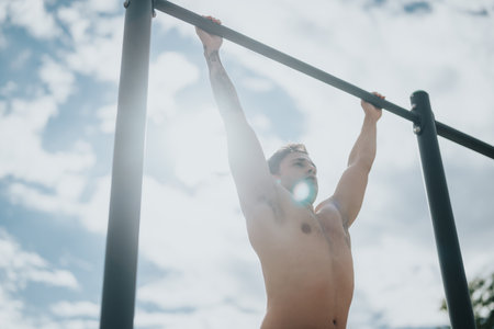 Young man performing pull-ups outdoors under bright skyの写真素材