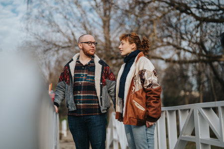 Casual conversation between two friends on a bridge in the park