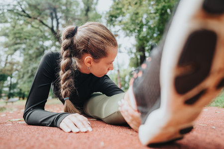 Woman Performing Stretching Exercises Outdoors on a Track