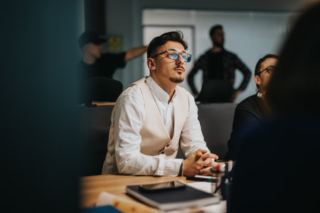 Multicultural team brainstorming in a modern office settingの写真素材