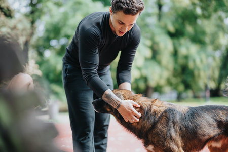 Man Interacting with a Dog Outdoors in a Lush Green Parkの写真素材