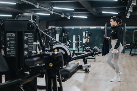 Woman Exercising in a Gym Surrounded by Equipment and Machines for Fitness Training