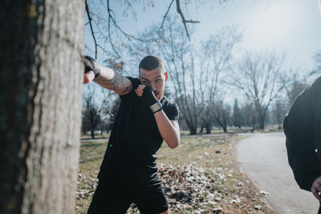 Young man practicing boxing outdoors in a park on a sunny dayの写真素材