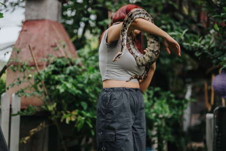 Girl in garden holding large snake on shoulder outdoors
