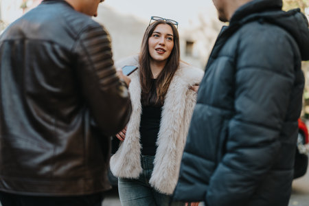 Group of friends conversing outdoors in a lively urban settingの写真素材