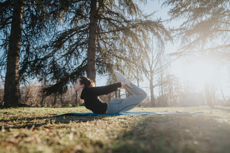 Woman practicing yoga outdoors on a sunny day in a park surrounded by trees.の写真素材