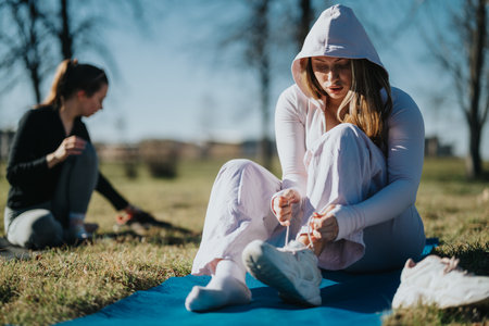 Two women preparing for exercise outdoors in a sunny park settingの写真素材