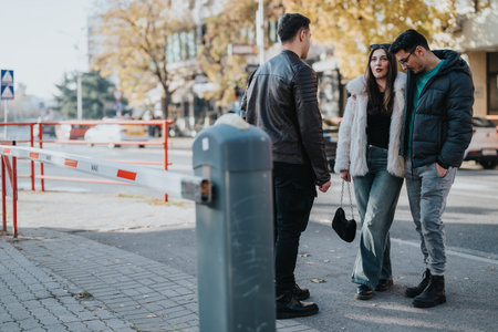 Friends conversing on a city sidewalk during an autumn afternoon
