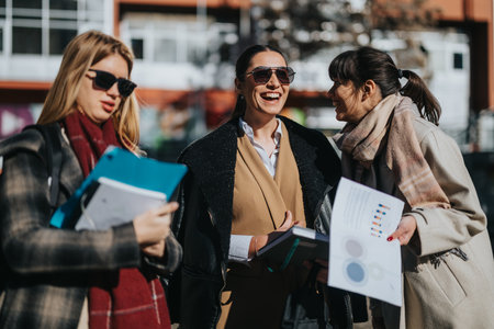Three businesswomen laughing together outdoors holding documents and foldersの写真素材